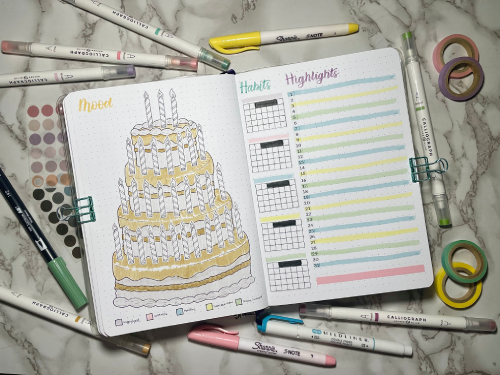 Open monthly bullet journal spread with stationery supplies around. Birthday theme with pastel colors and stickers.