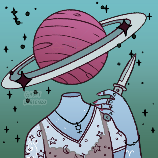 Picrew image of a feminine body with a planet head holding a knife.